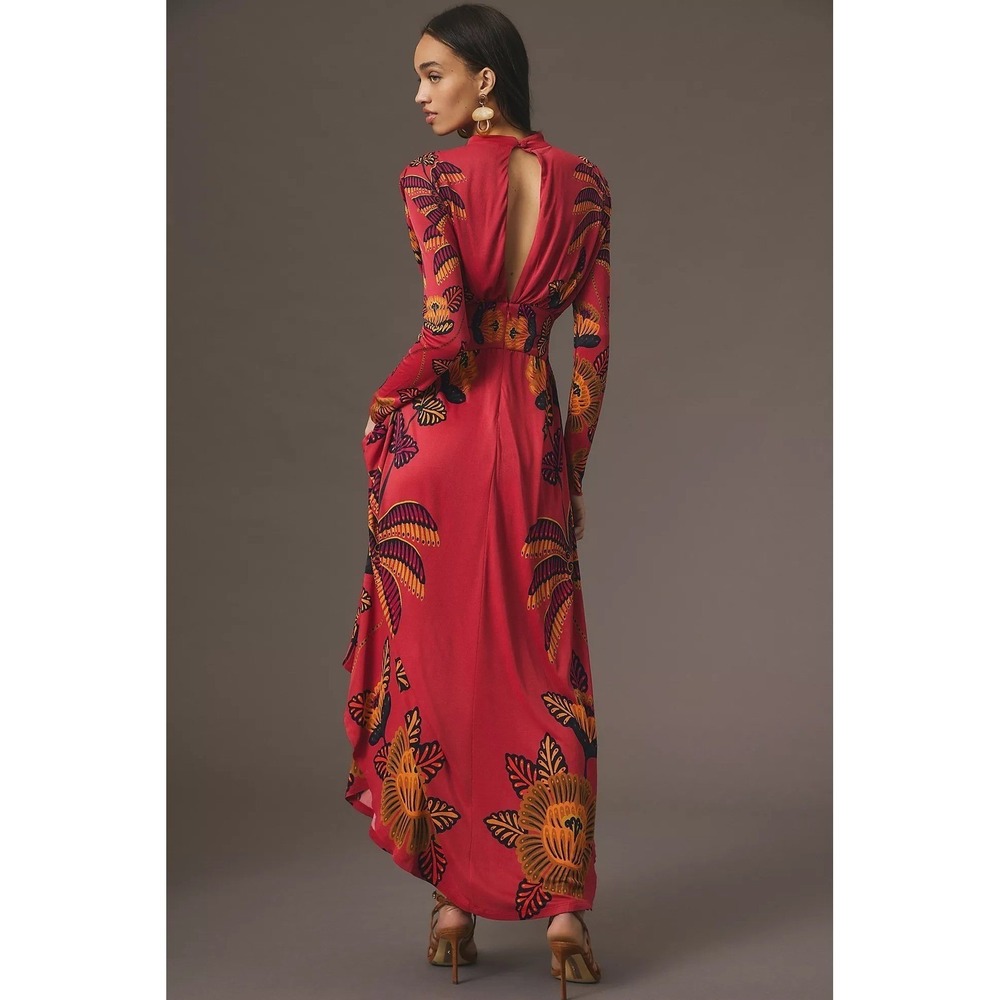 Farm Rio Long-Sleeve Mock-Neck Maxi Dress Red Floral Size Small - Picture 2 of 12
